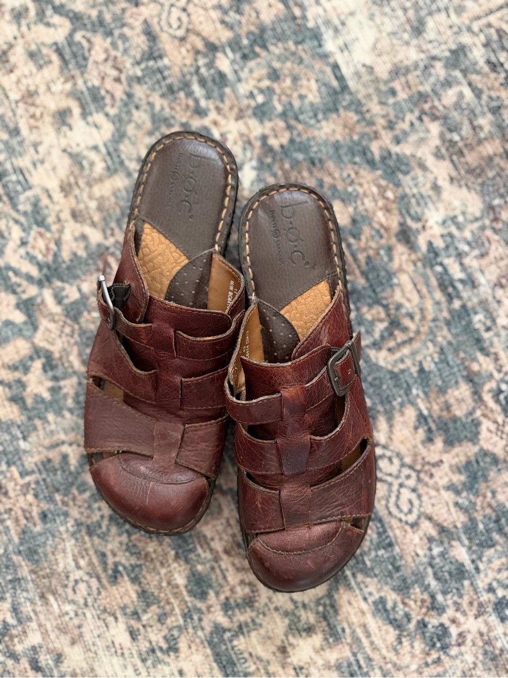 BORN Brown Leather Fisherman Clog Slide On Wedge Mule 11 - Picture 3 of 14